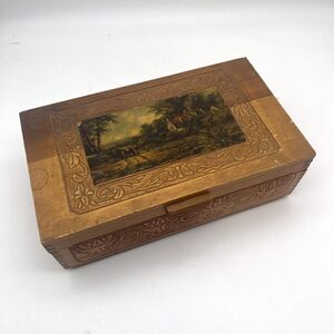 Vintage Hand Carved Wooden Jewelry Box Country Cottage Scene Mirror